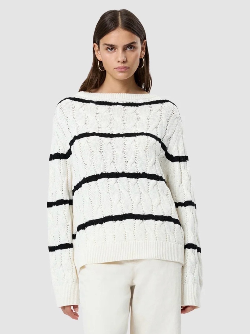 French Connection Cream Cable Knit Sweater with Black Stripes